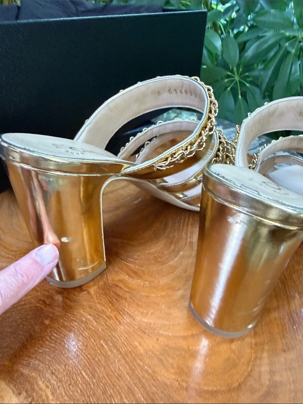 CHANEL Gold Chain-Trim High Block Heel Mules